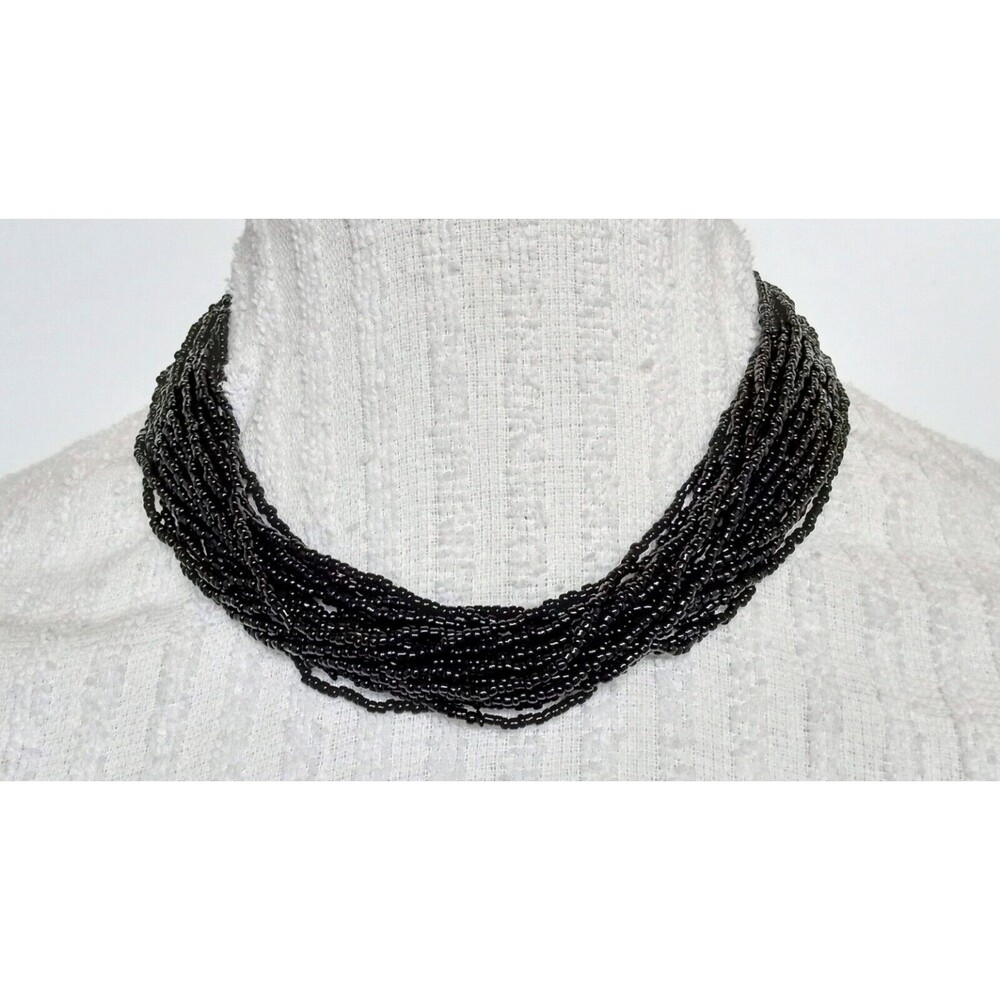 20 Strand Black Seed Bead Waterfall Necklace 16 in